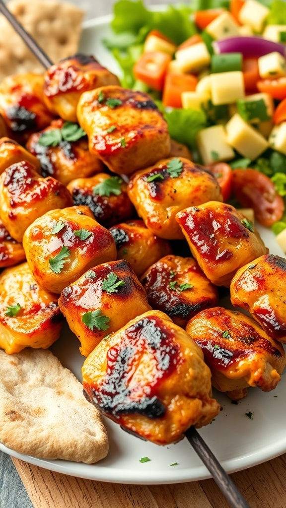 Grilled chicken kababs on a plate with herbs, pita bread, and salad.